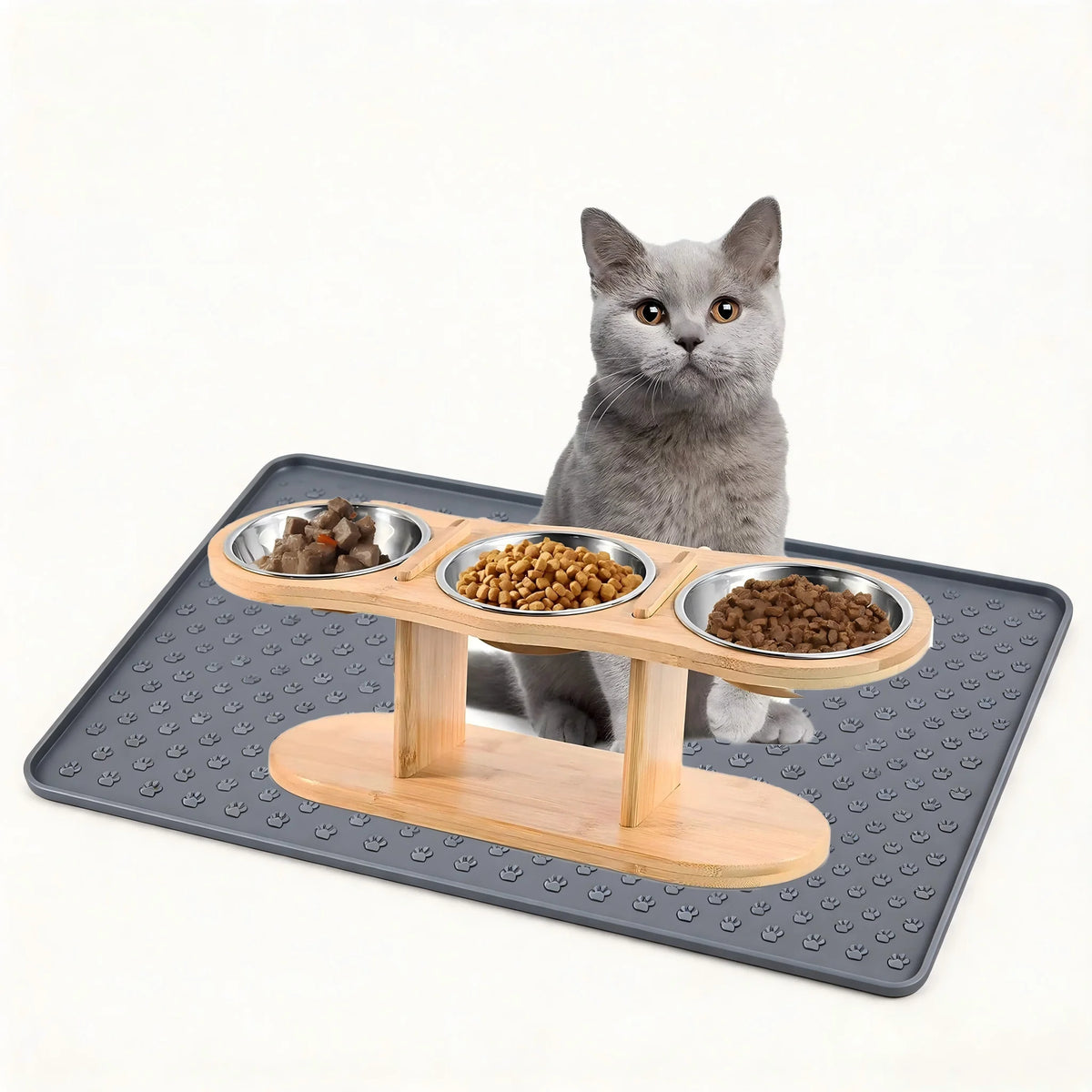 Raised Triple Bowl Cat Feeder With Stainless Steel Bowls