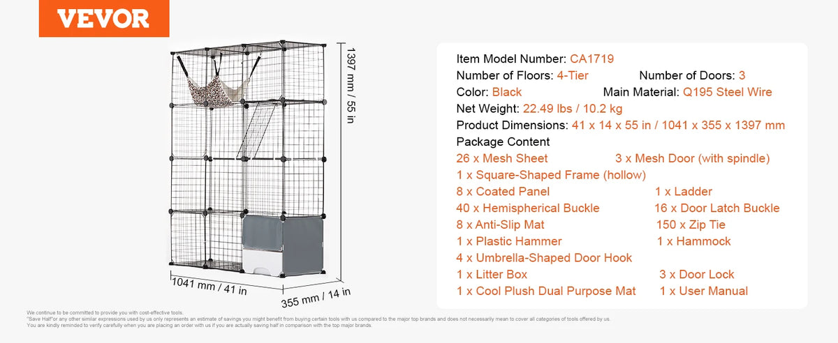 SucceBuy Stainless Steel Multi Tier Cat Cage With Hammock Ladder