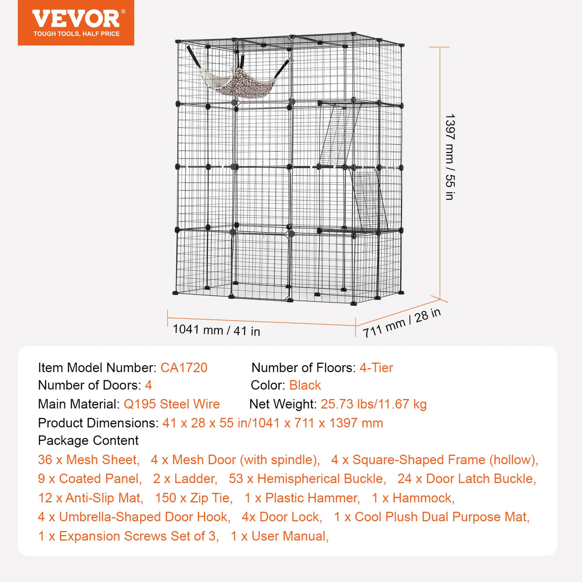 SucceBuy Stainless Steel Multi Tier Cat Cage With Hammock Ladder