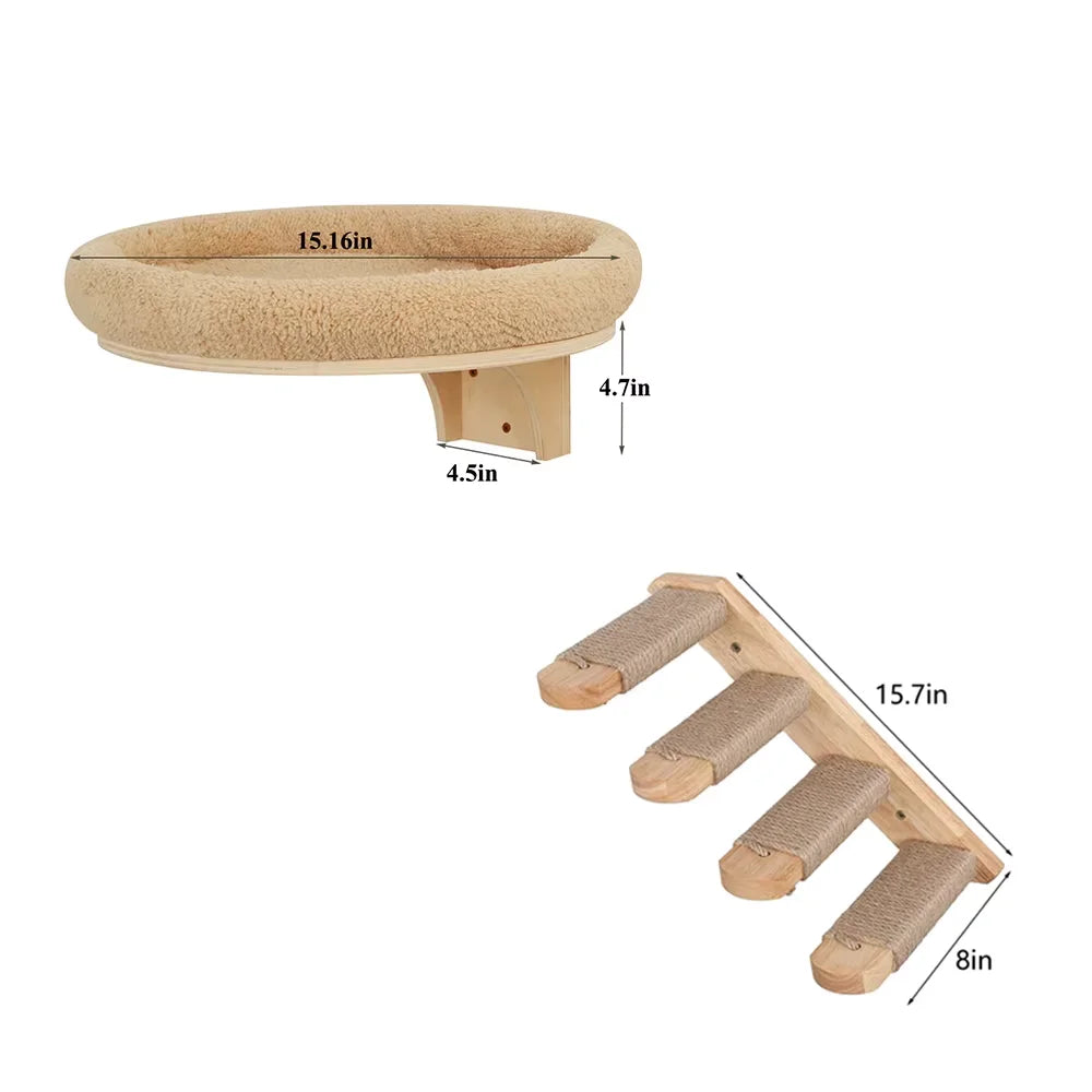 CWV Wall Mounted Wooden Cat Climbing Ladder With Hammock Perch