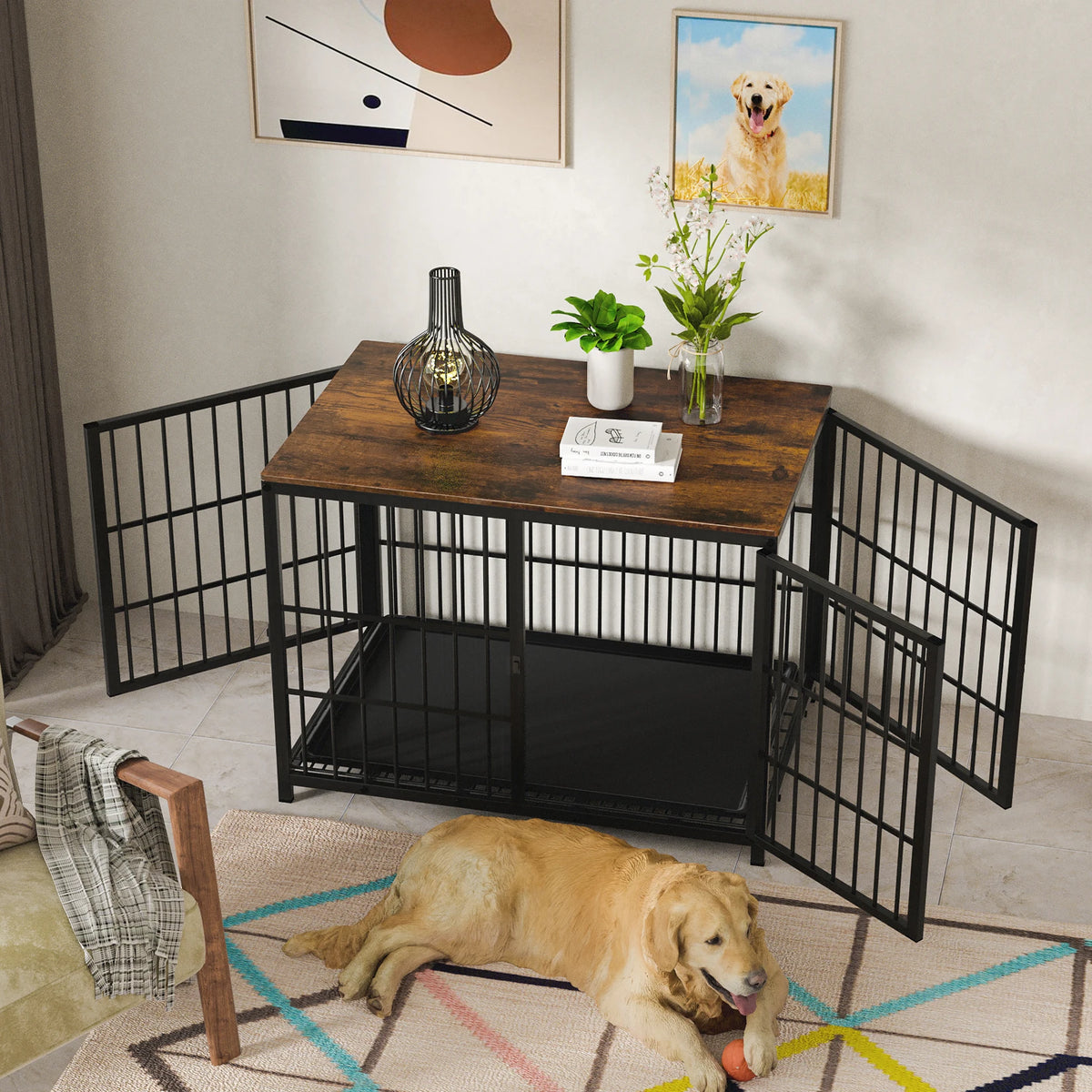 BORWART Wooden Dog Crate Furniture Style Kennel With Removable Tray