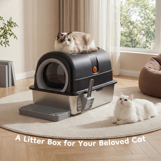 Stainless Steel Fully Enclosed Cat Litter Box With Scoop Included