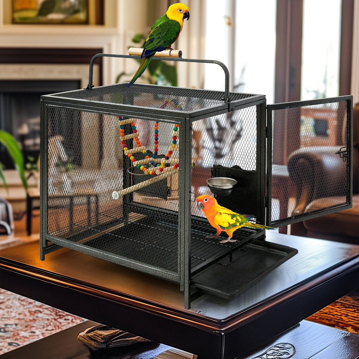 Iron Bird Travel Carrier Cage with Wooden Perch and Guard