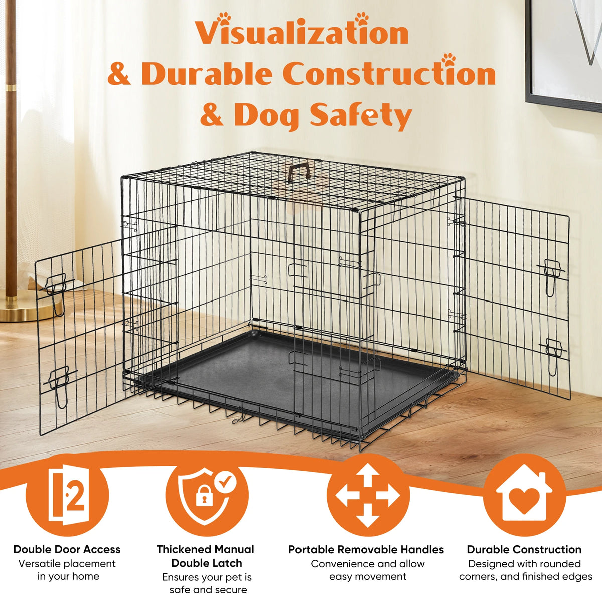 JHK Double Door Folding Metal Wire Dog Crate Leakproof Tray