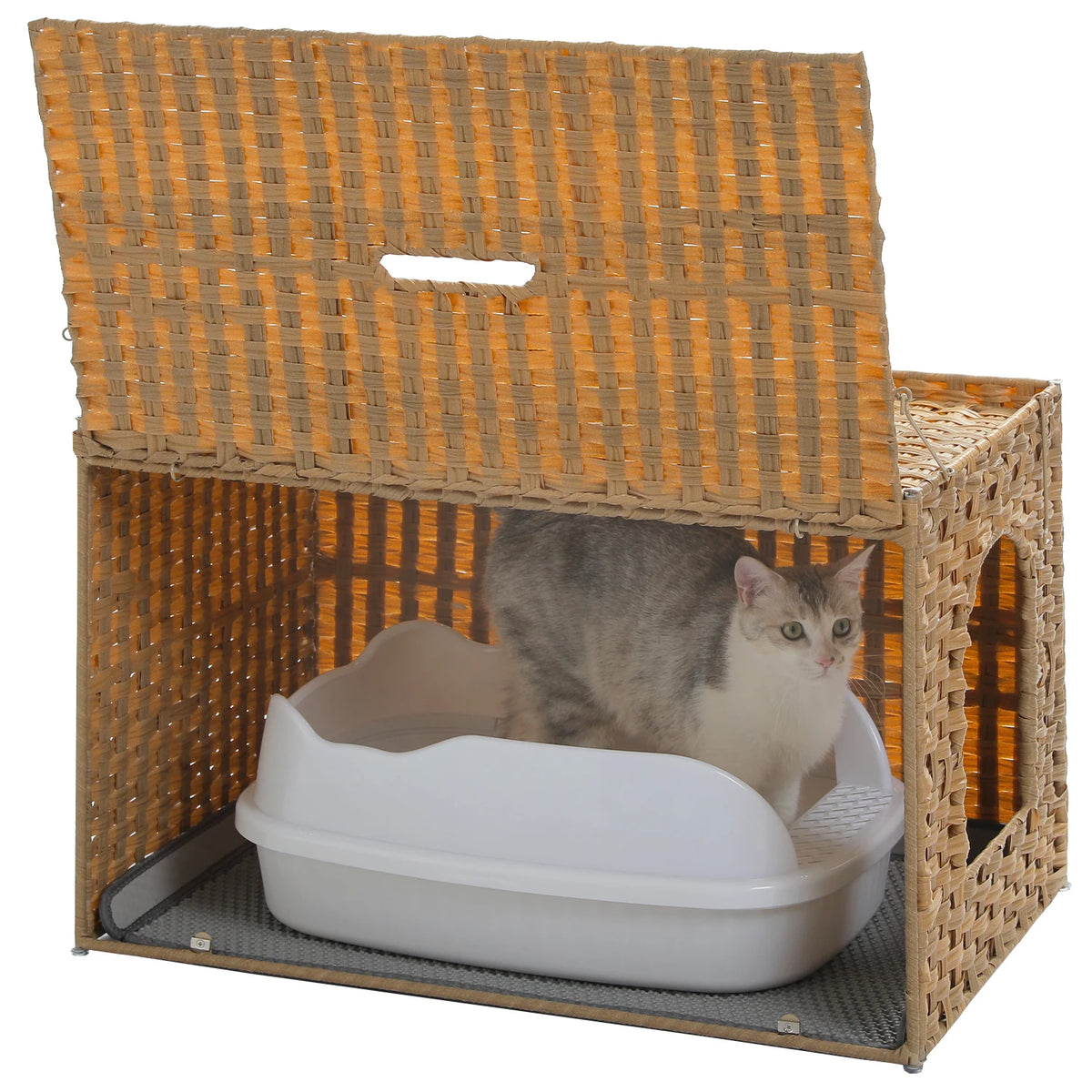 Pequlti Rattan Cat Litter Box Enclosure With Flip Up Cover