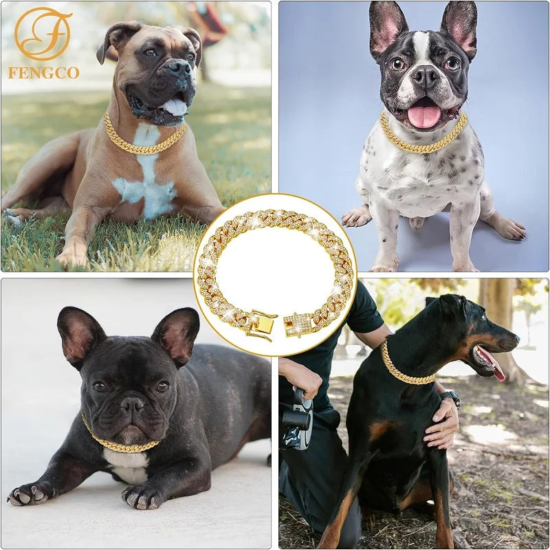 Jeweled Stainless Steel Chain Collar For Dogs And Cats