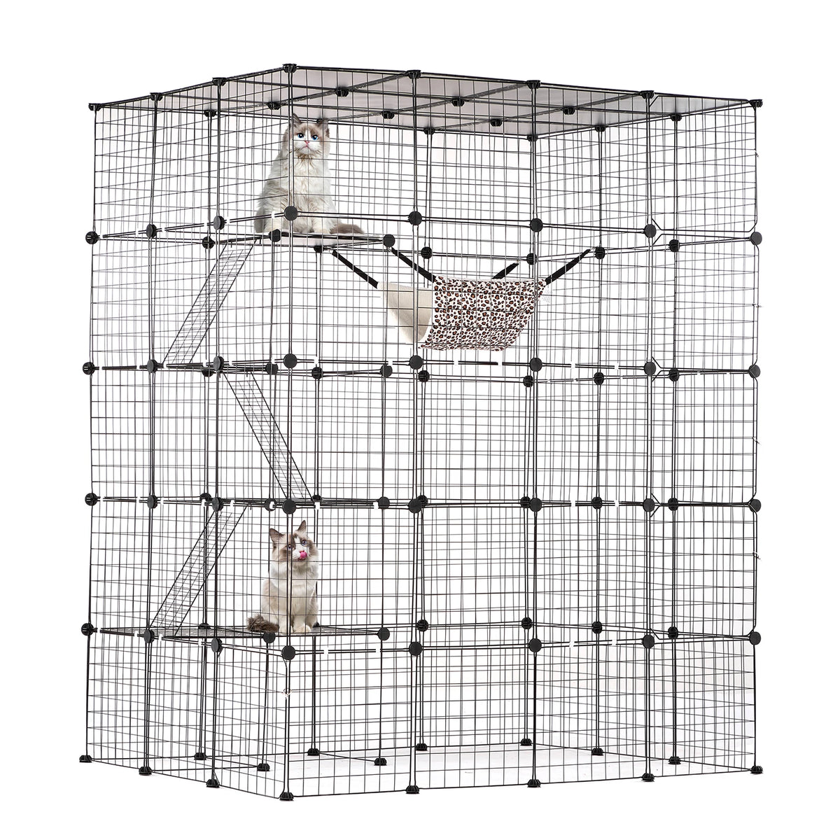 SucceBuy Stainless Steel Multi Tier Cat Cage With Hammock Ladder
