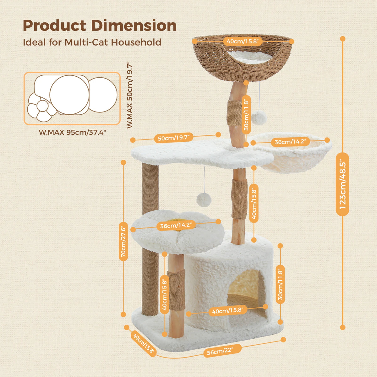 PAWZ Road Modern Cat Tree With Solid Wood Base And Hammock