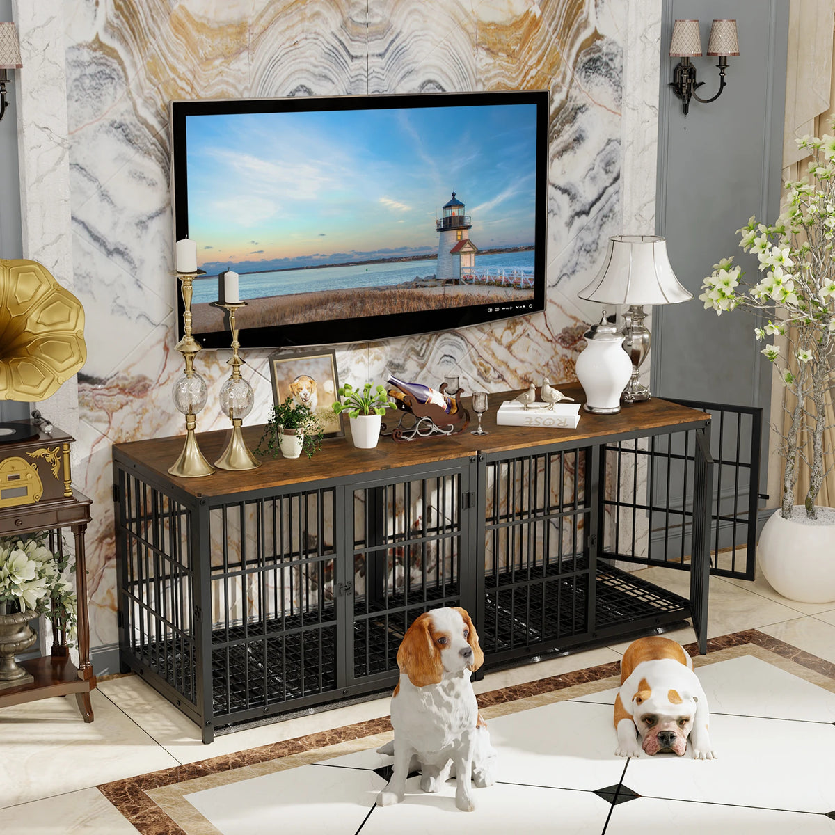 BORWART Wooden Dog Crate Furniture Style Kennel With Removable Tray