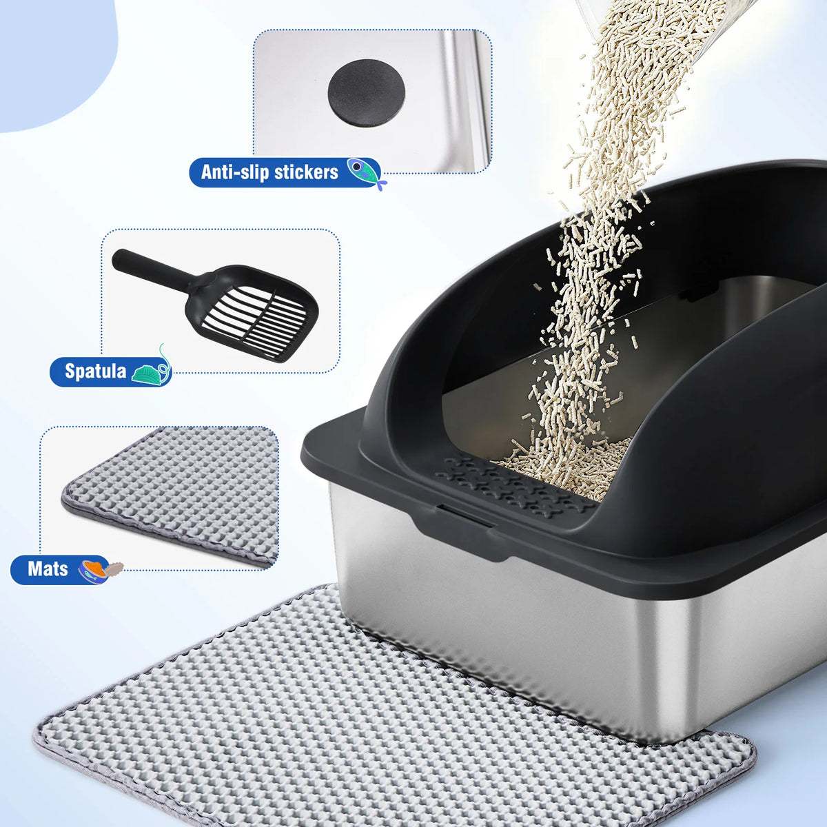 Semi-Closed Stainless Steel Cat Litter Box With Lid Scoop Included