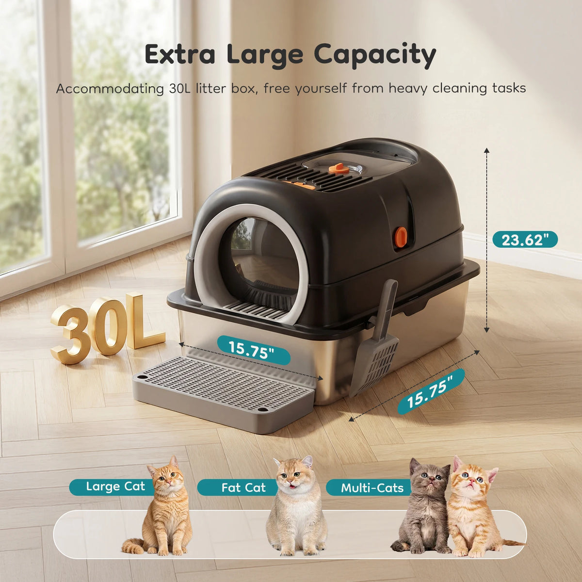 Stainless Steel Fully Enclosed Cat Litter Box With Scoop Included