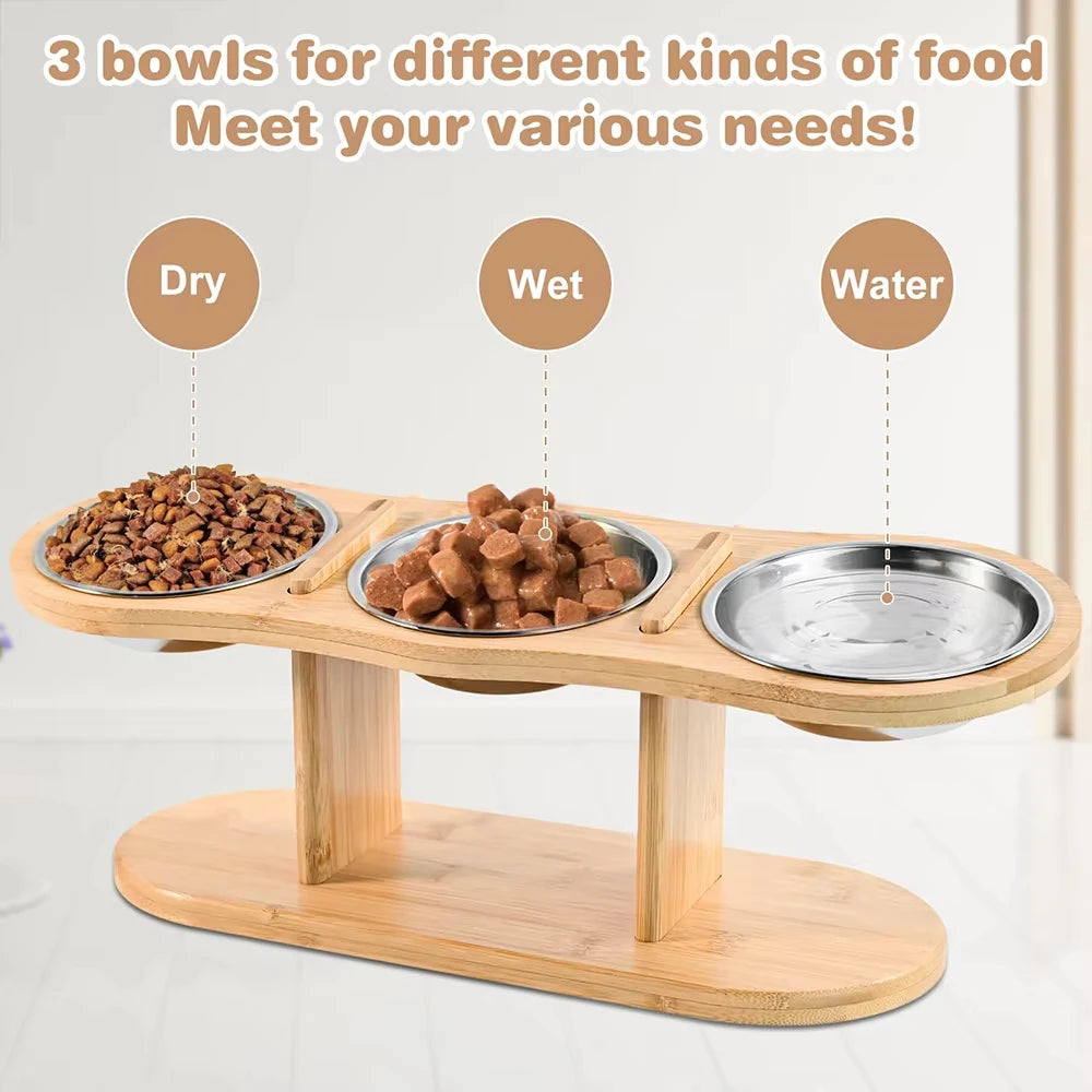 Raised Triple Bowl Cat Feeder With Stainless Steel Bowls