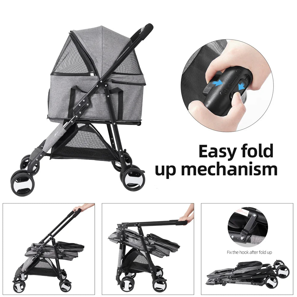 Foldable Pet Dog Stroller With Detachable Carrier And Rain Cover