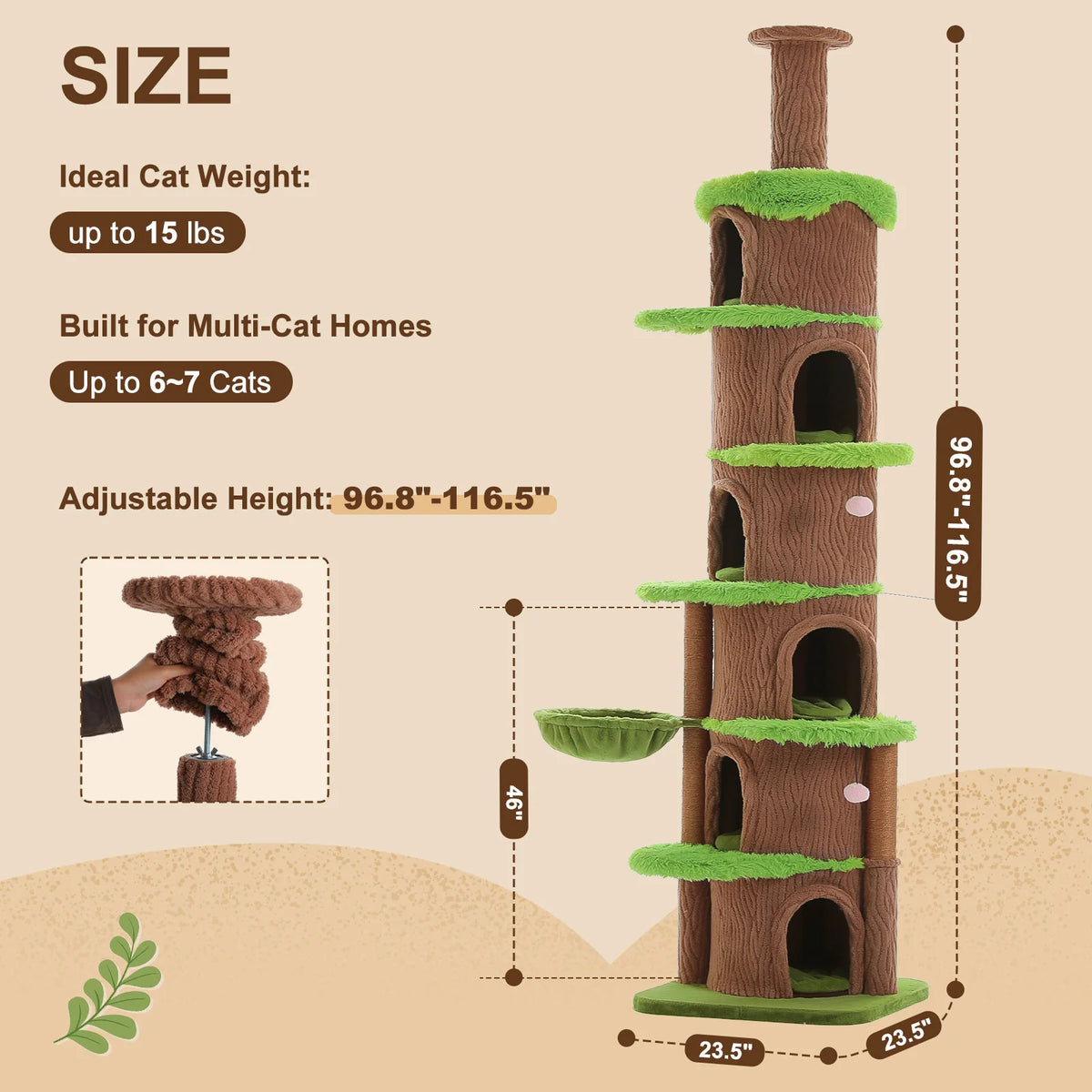 PAWZ Road Adjustable Floor To Ceiling Cat Tree With Hammock