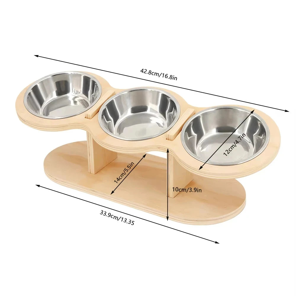Raised Triple Bowl Cat Feeder With Stainless Steel Bowls
