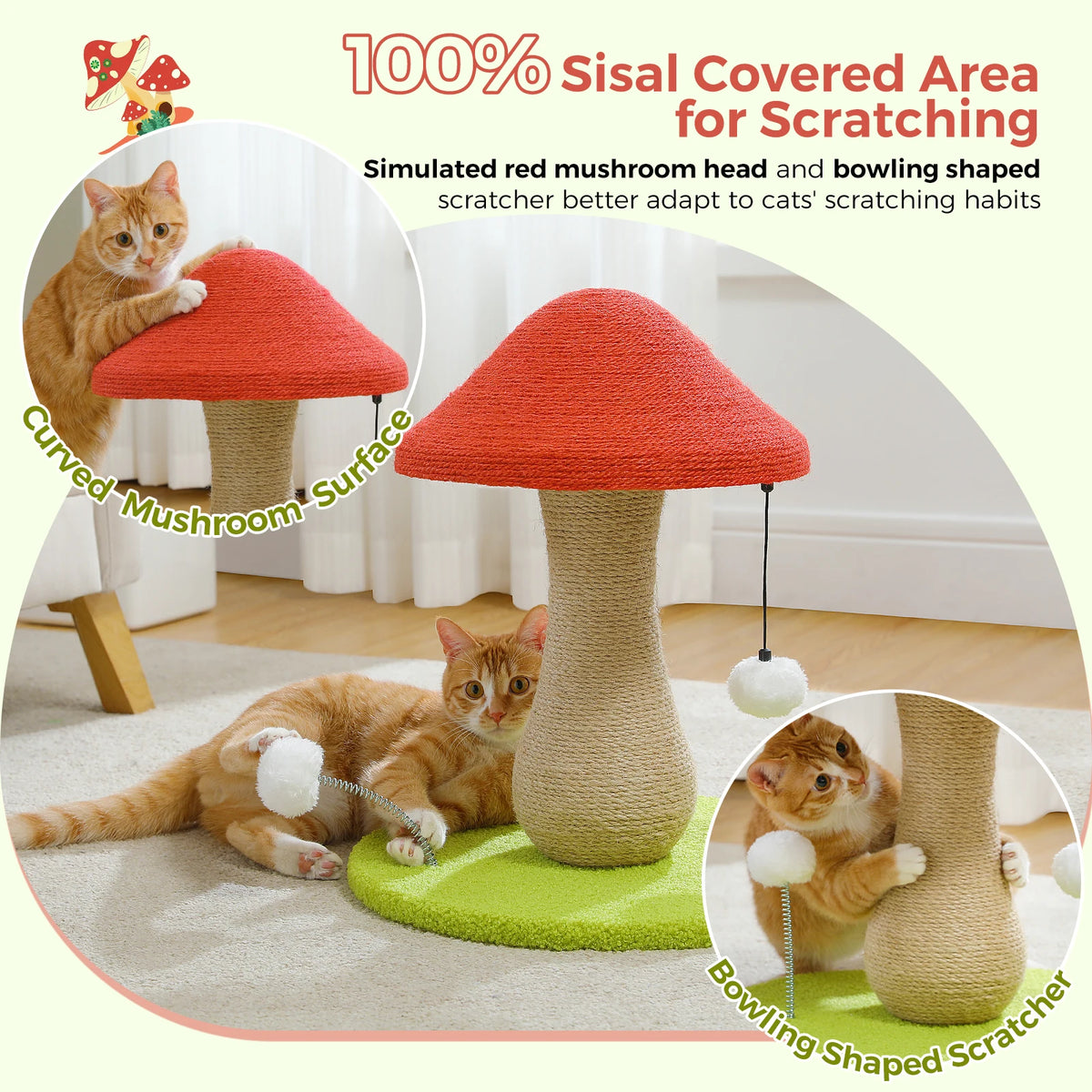 PAWZ Road Mushroom Cat Scratching Post With Sisal Pompom Toy