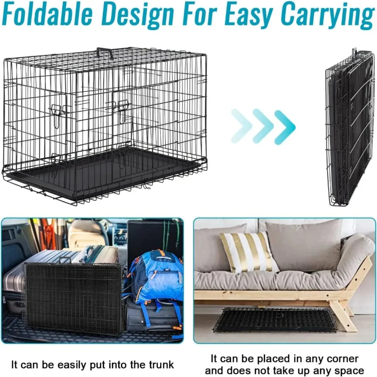 XIUWO Foldable Metal Dog Crate With Double Doors And Divider Tray