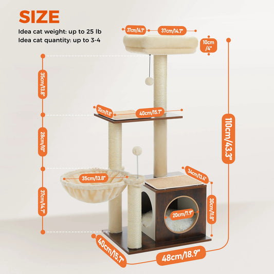PAWZ Road Multi Level Wooden Cat Tree With Cozy Hammock