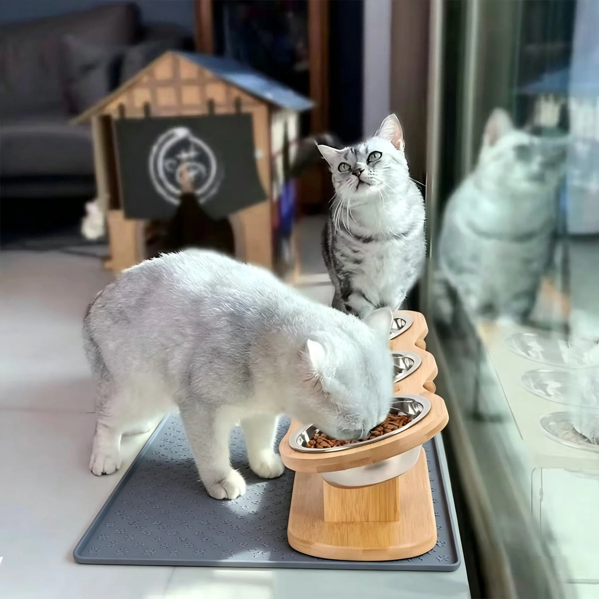 Raised Triple Bowl Cat Feeder With Stainless Steel Bowls