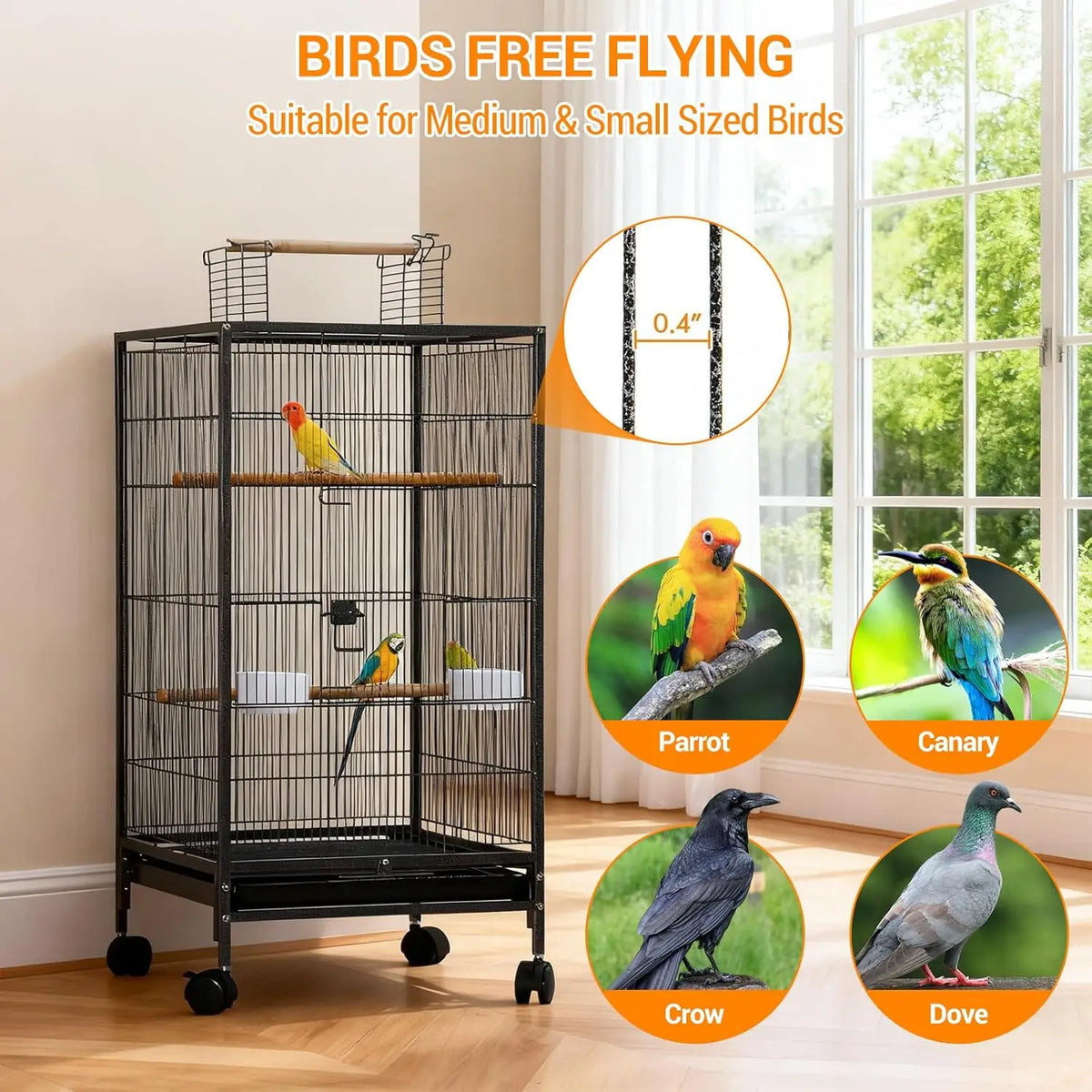 HiMiss Open Top Bird Cage With Rolling Stand Base Tray