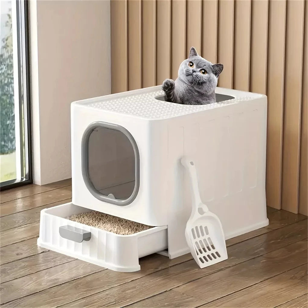 Enclosed Leak Proof Cat Litter Box With Pull Drawer And Scoop