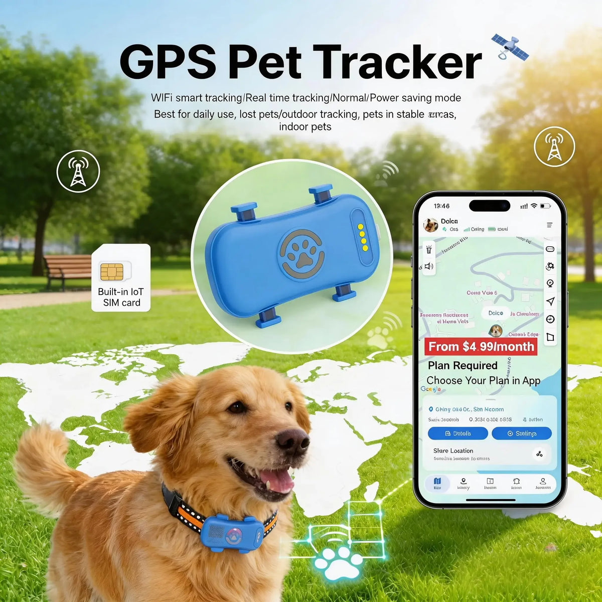 WANWAYTECH 4G GPS Pet Tracker With Real Time Location Alerts