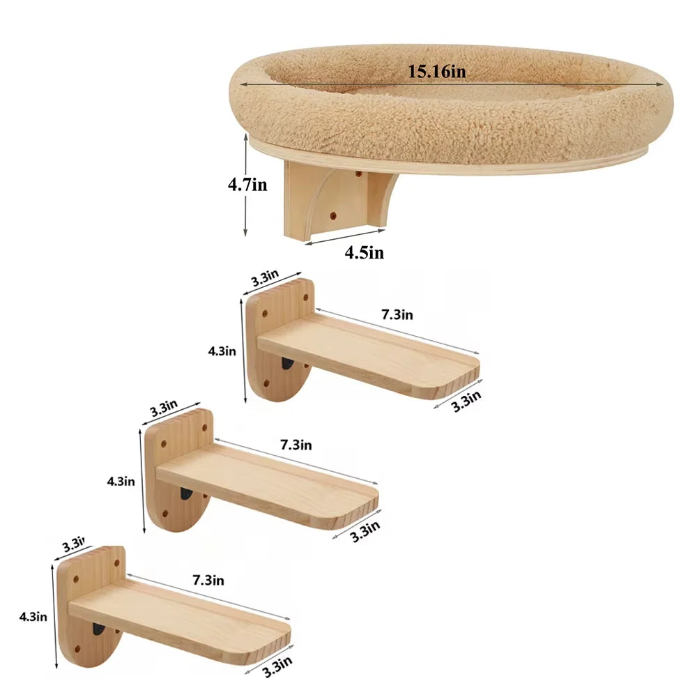 CWV Wall Mounted Wooden Cat Climbing Ladder With Hammock Perch