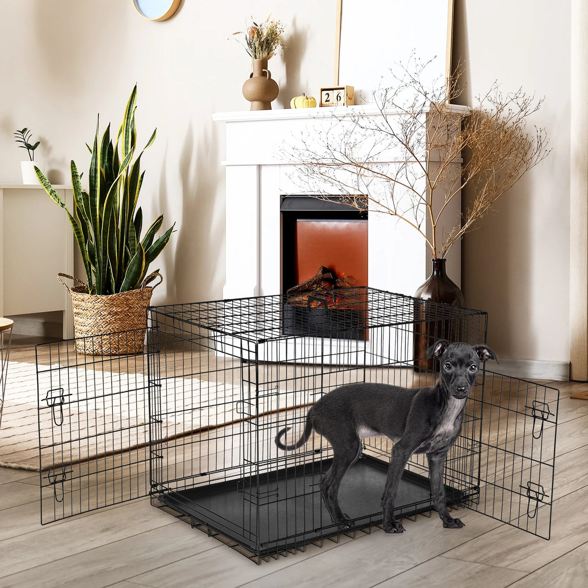 JHK Double Door Folding Metal Wire Dog Crate Leakproof Tray