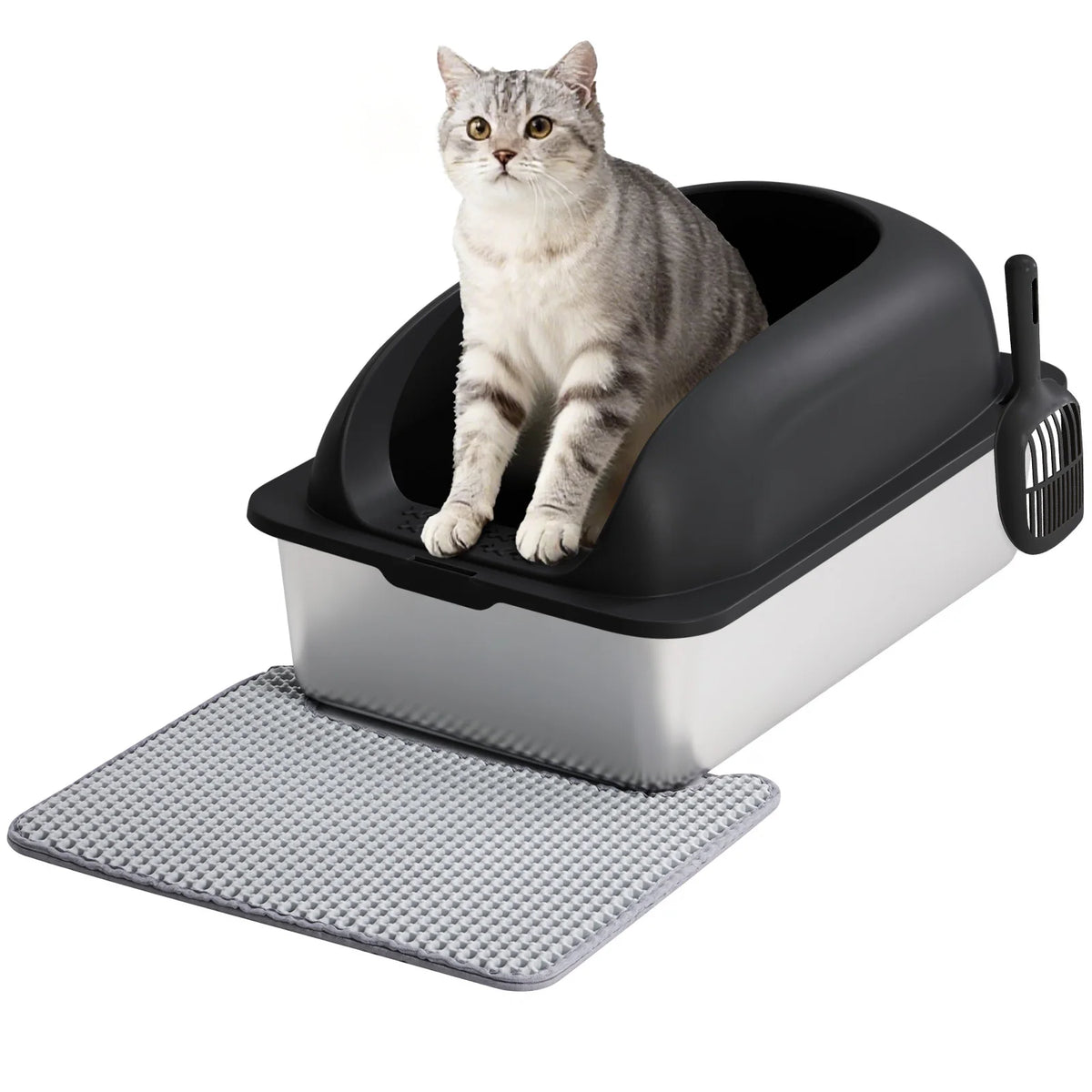 Semi-Closed Stainless Steel Cat Litter Box With Lid Scoop Included