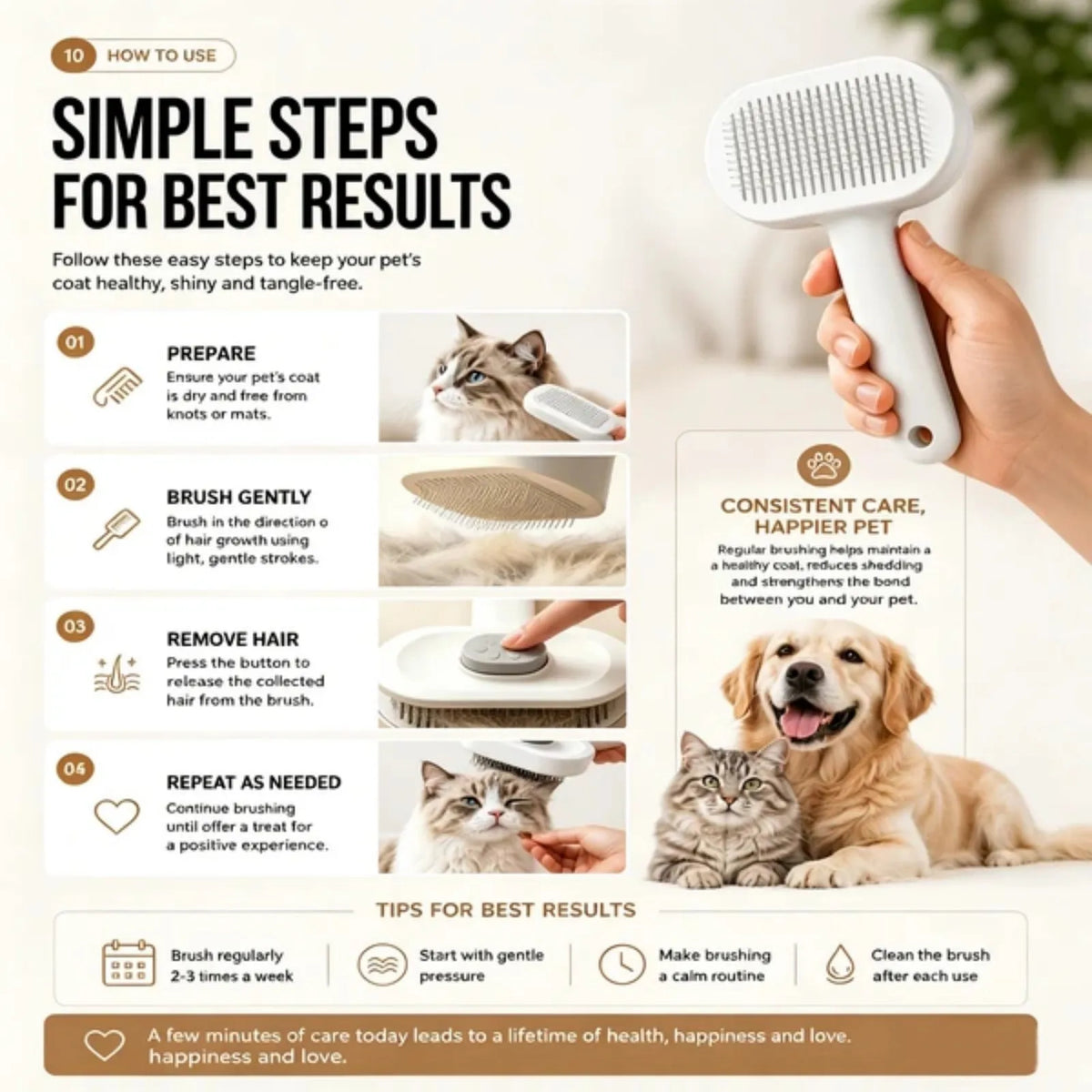 Self-Cleaning Slicker Brush for Dogs and Cats, Gentle Deshedding Tool