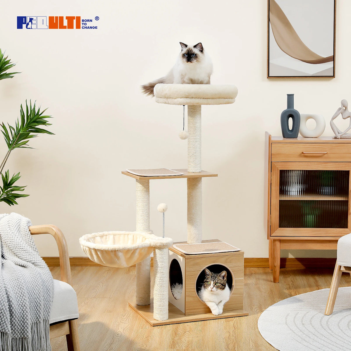 PAWZ Road Multi Level Wooden Cat Tree With Cozy Hammock