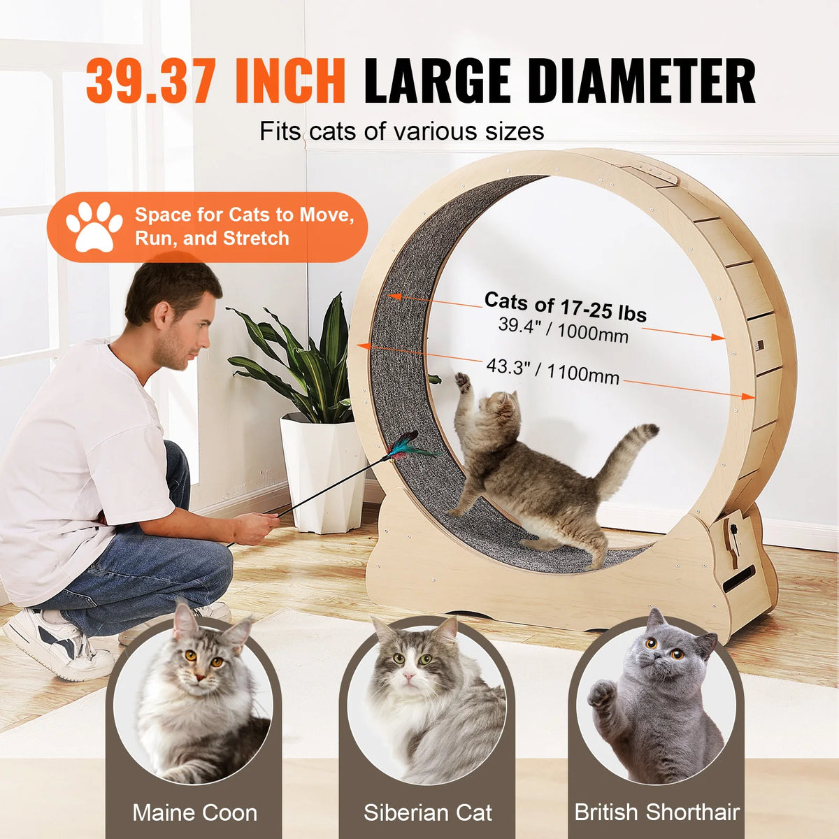 SucceBuy Wooden Cat Exercise Wheel With Carpet Treadmill