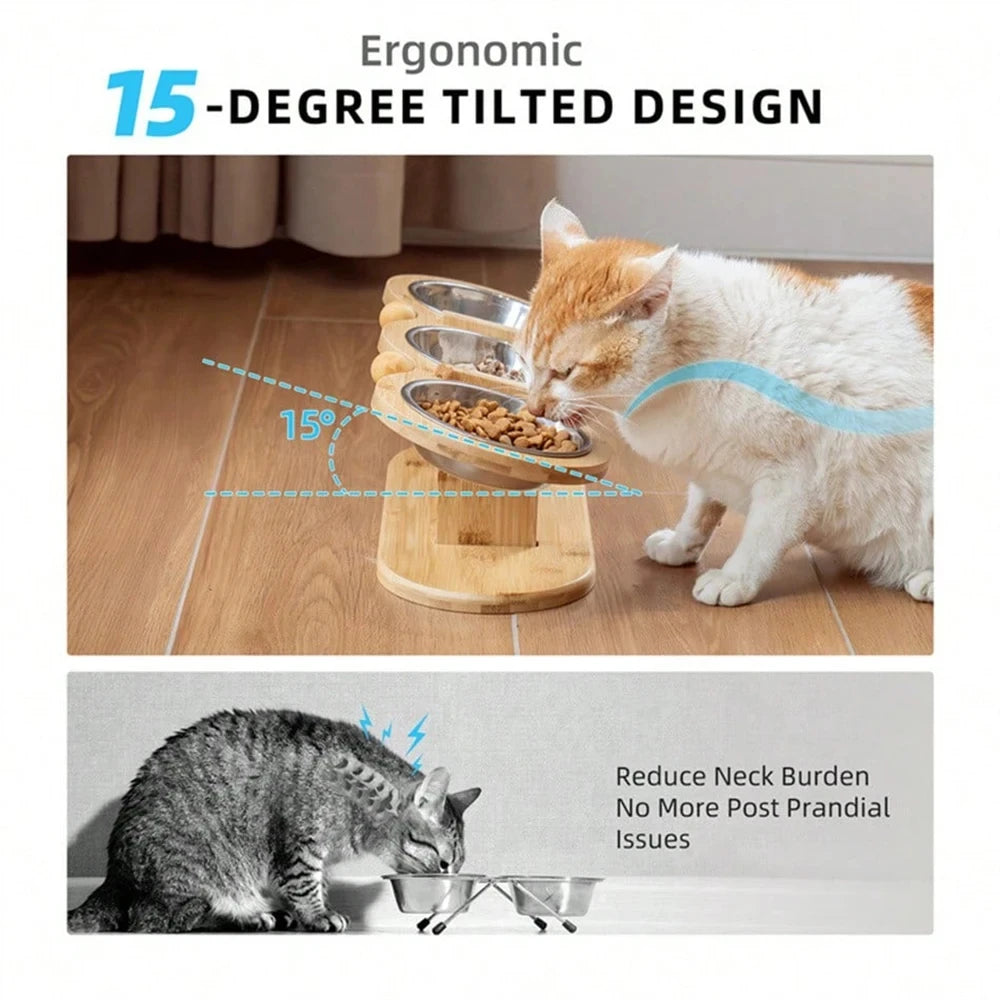 Raised Triple Bowl Cat Feeder With Stainless Steel Bowls