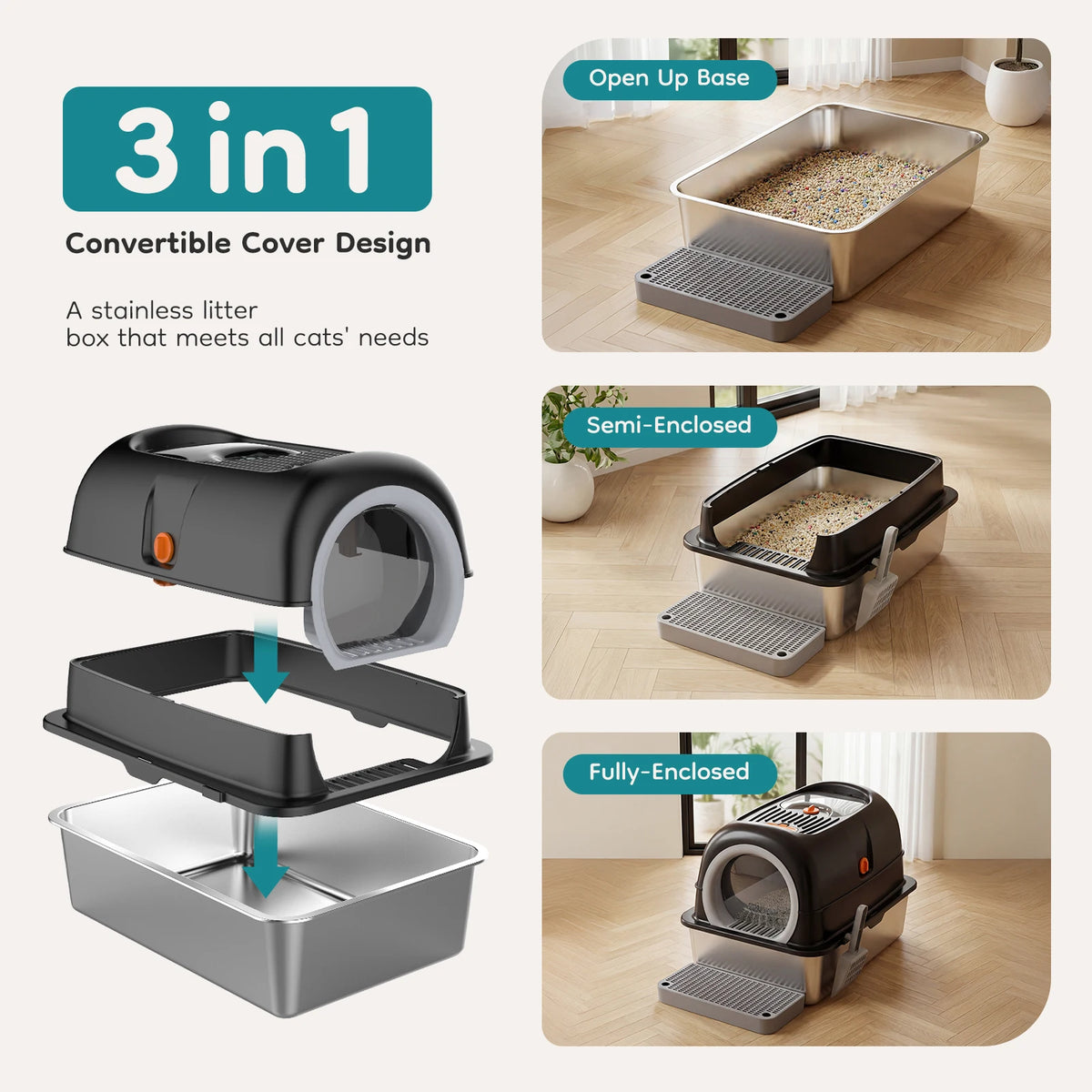 Stainless Steel Fully Enclosed Cat Litter Box With Scoop Included