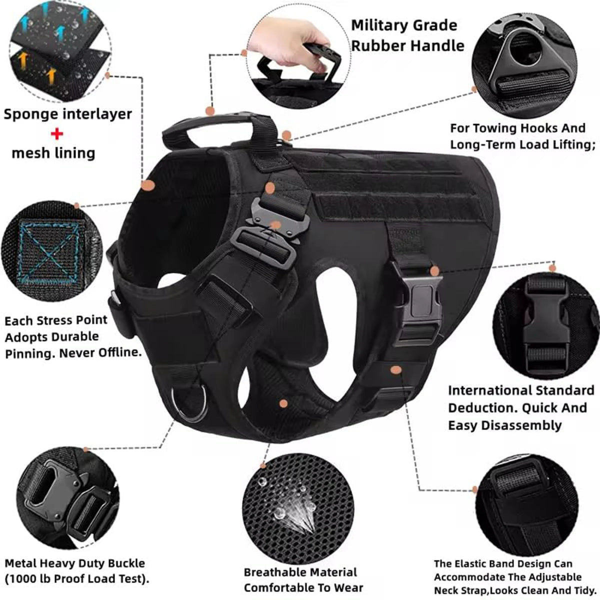 Padded Tactical Dog Harness With Quick Release Molle Vest
