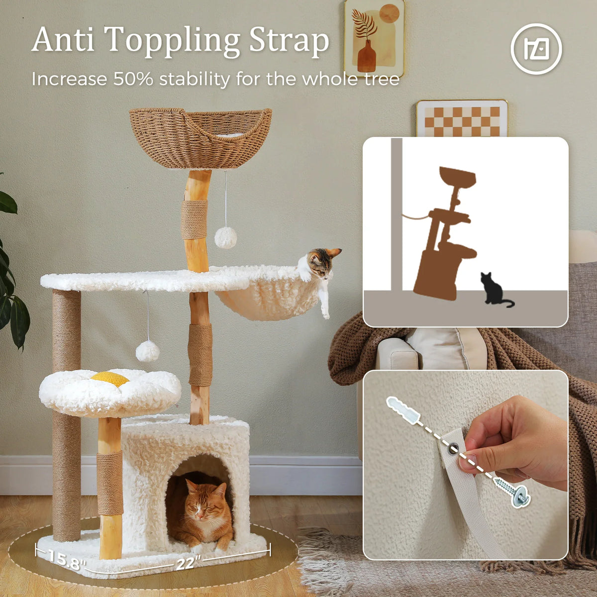 PAWZ Road Modern Cat Tree With Solid Wood Base And Hammock