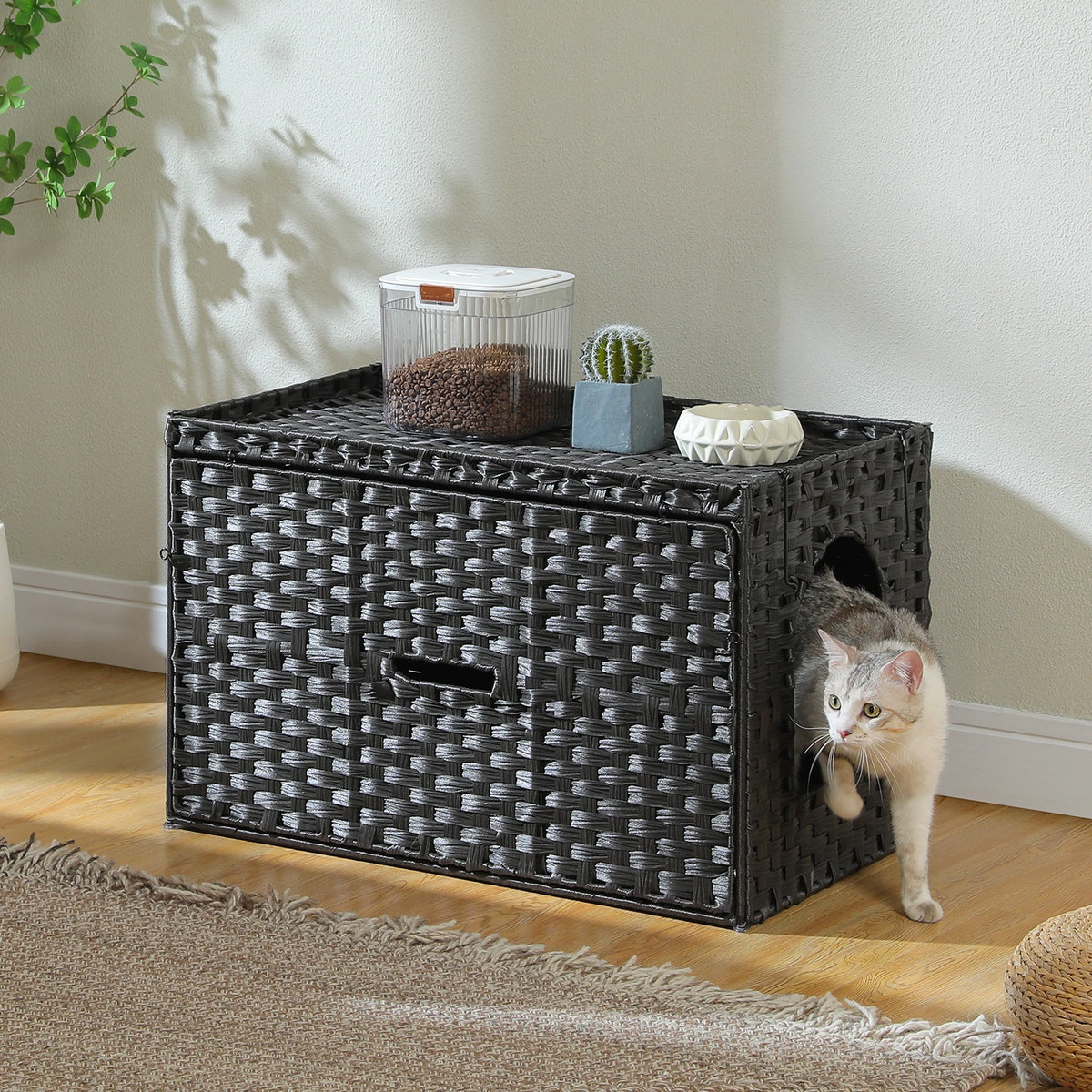 Pequlti Rattan Cat Litter Box Enclosure With Flip Up Cover