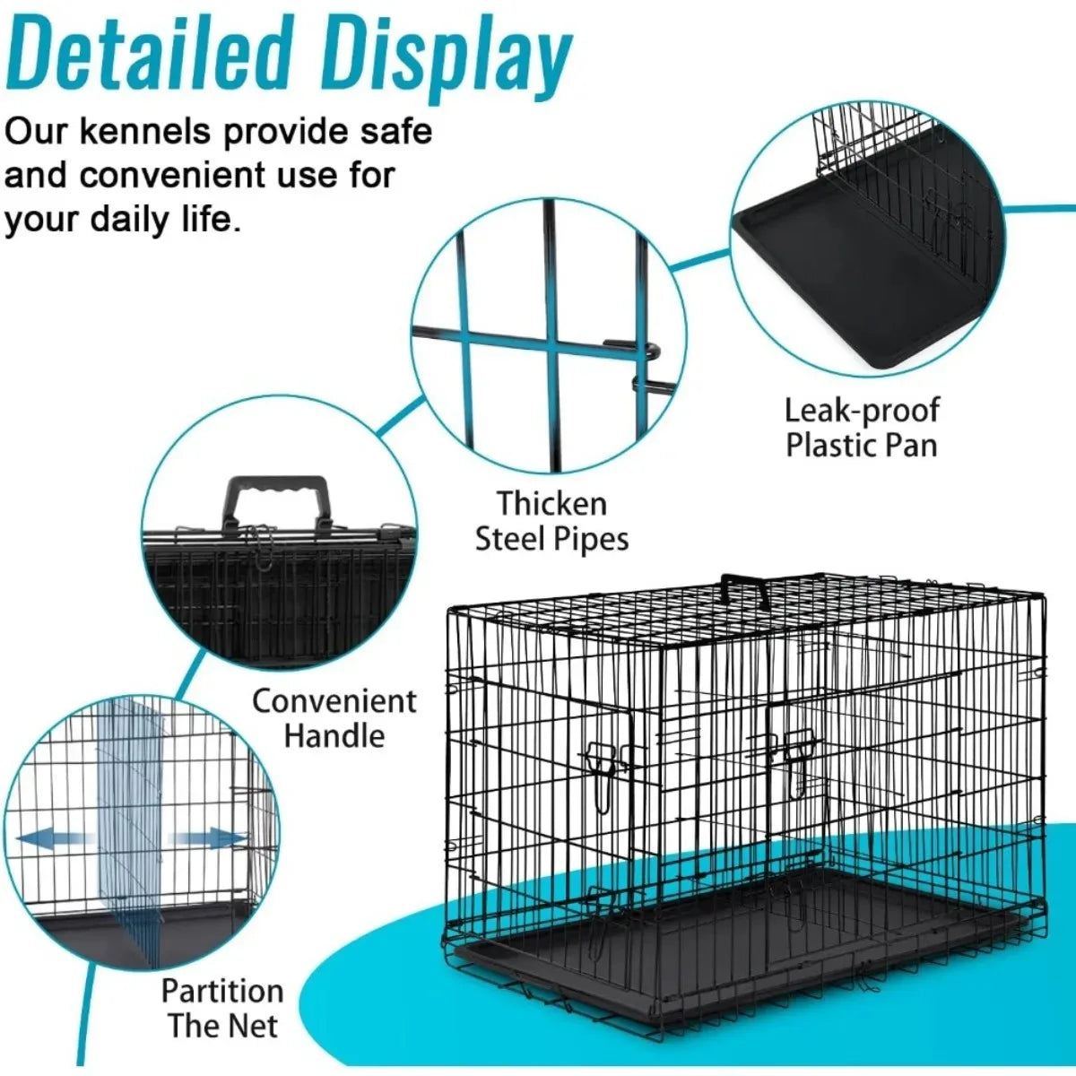 XIUWO Foldable Metal Dog Crate With Double Doors And Divider Tray