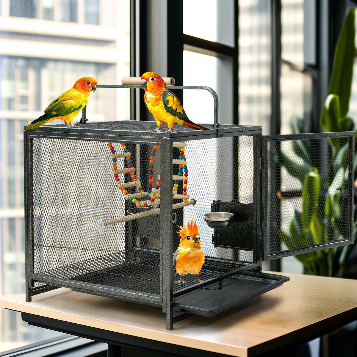 Iron Bird Travel Carrier Cage with Wooden Perch and Guard