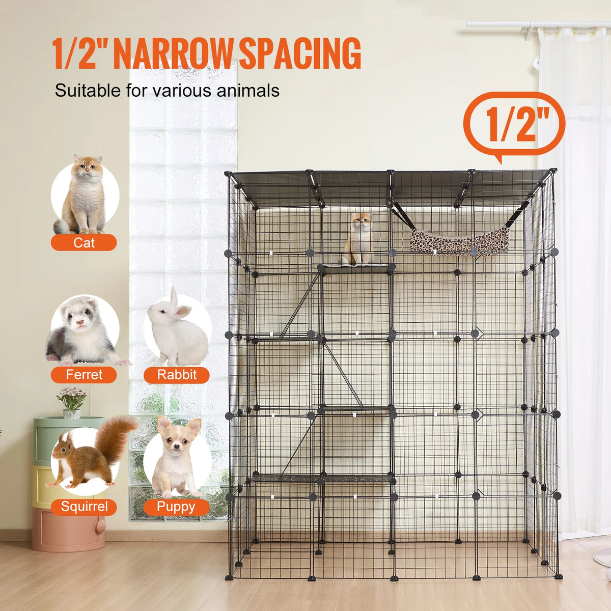 SucceBuy Stainless Steel Multi Tier Cat Cage With Hammock Ladder