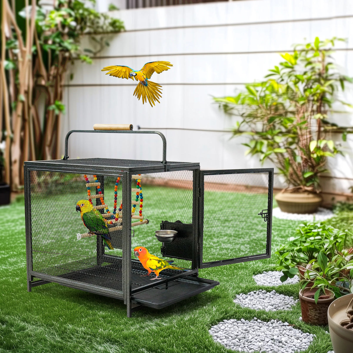 Iron Bird Travel Carrier Cage with Wooden Perch and Guard