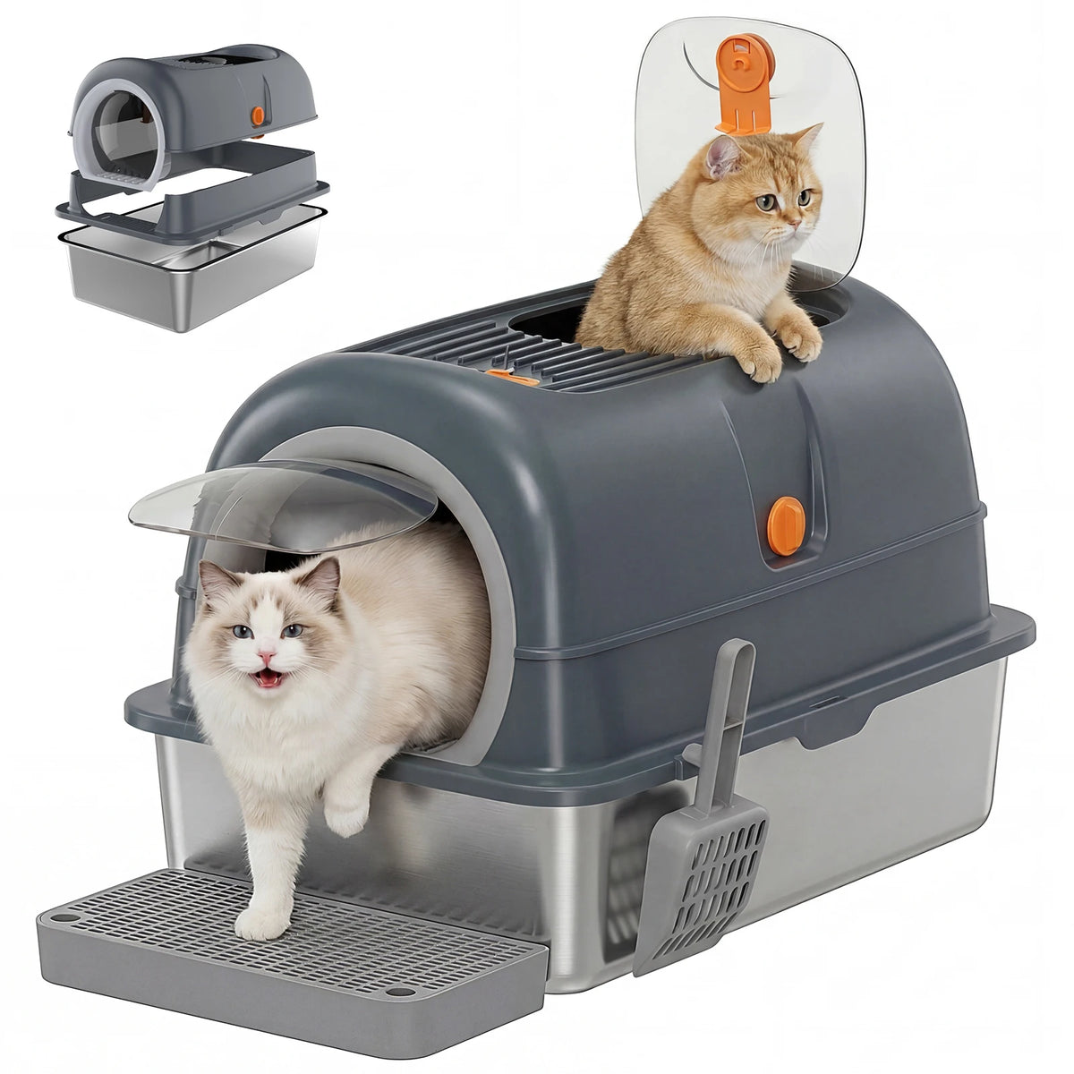 Stainless Steel Fully Enclosed Cat Litter Box With Scoop Included