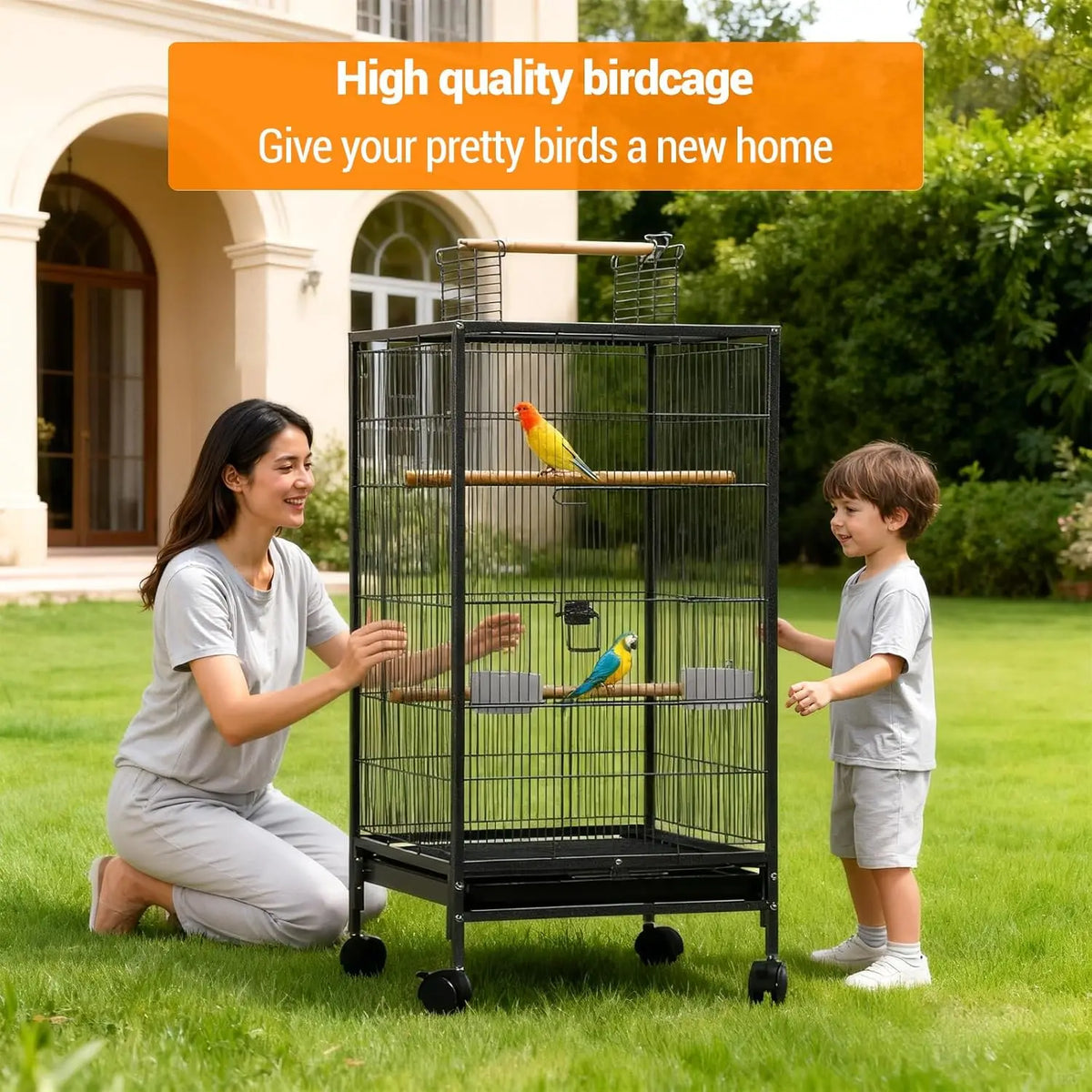 HiMiss Open Top Bird Cage With Rolling Stand Base Tray