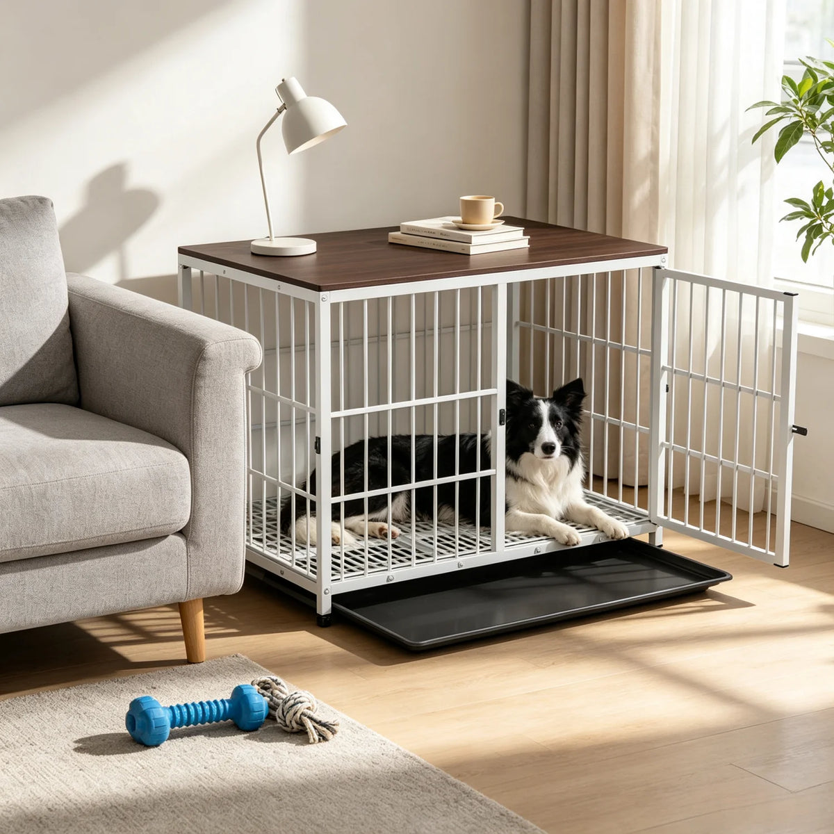 Bingopaw Wooden Dog Crate Furniture End Table Removable Tray