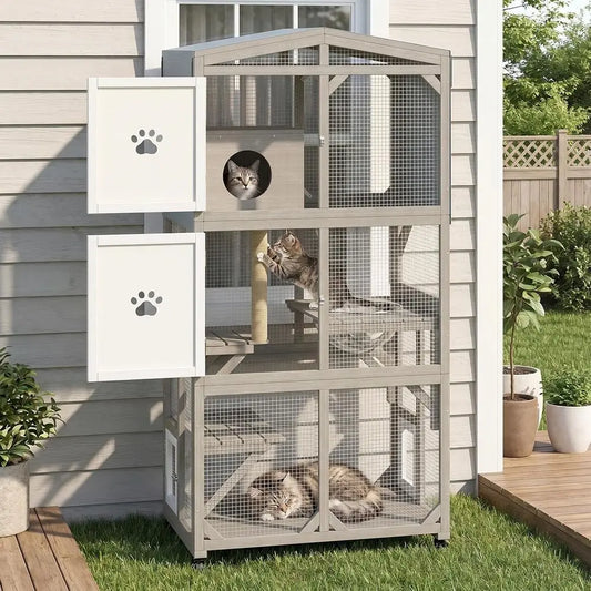 Weatherproof Five Tier Catio With Acrylic Windows And Rolling Casters