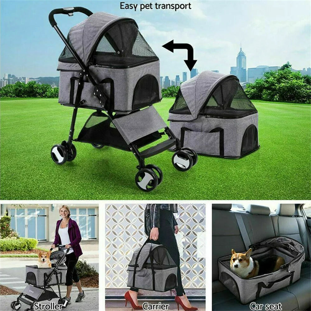 Foldable Pet Dog Stroller With Detachable Carrier And Rain Cover