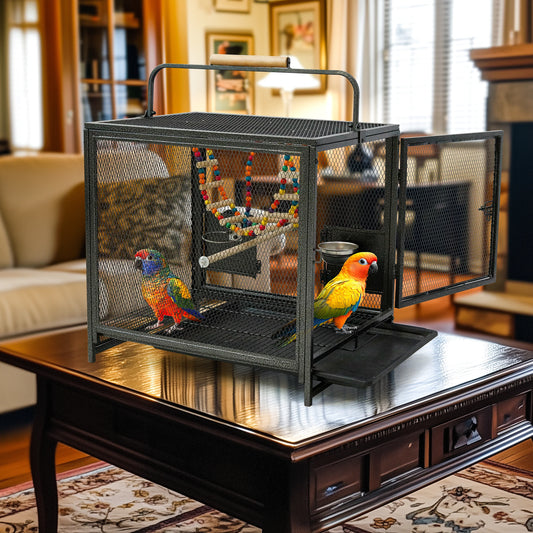 Iron Bird Travel Carrier Cage with Wooden Perch and Guard
