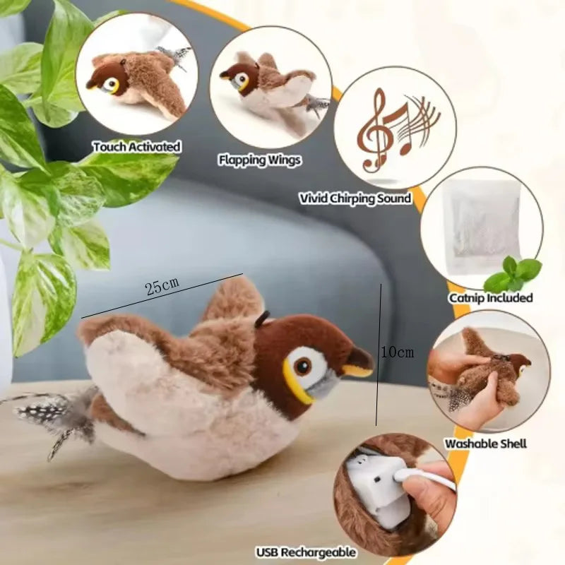 Rechargeable Simulated Bird Cat Toy Interactive Chirping Flapping Plush Pet