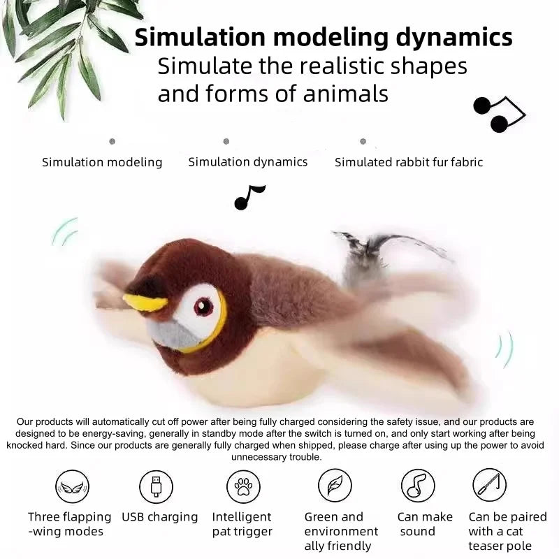 Rechargeable Simulated Bird Cat Toy Interactive Chirping Flapping Plush Pet