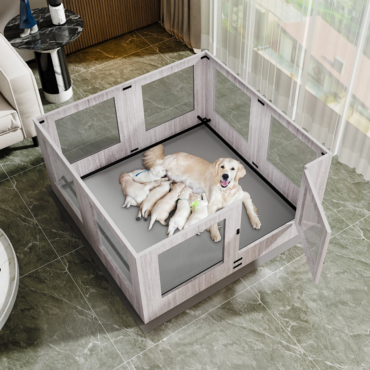 BINGOPAW Tempered Glass Indoor Dog Playpen Whelping Enclosure